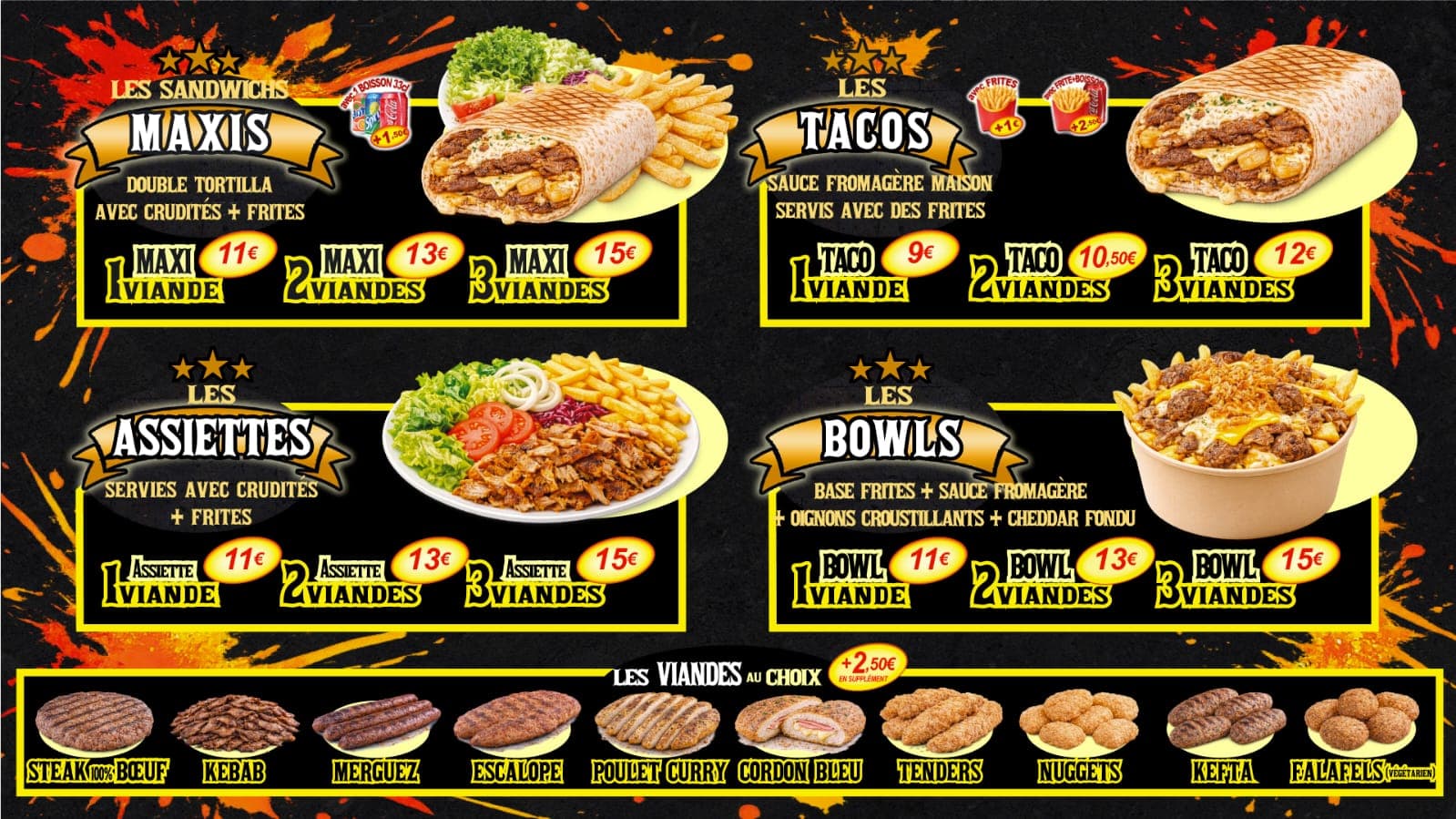 Menu Chikano : Tacos, maxis, assiettes & bowls